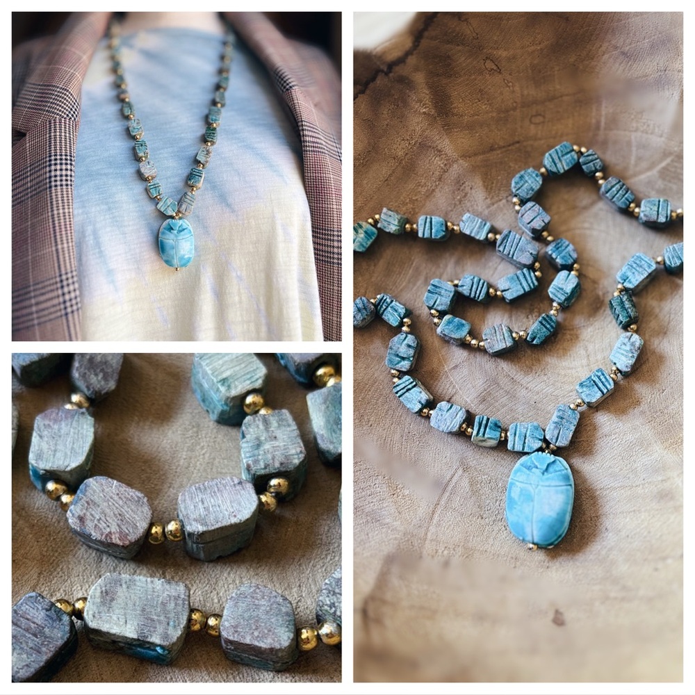 Vintage Soapstone & Chunky Egyptian Ceramic Scarab Necklace - Picture 3 of 14